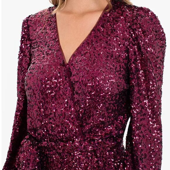 Betsy & Adam Burgundy Sequin Faux Wrap Dress Size 4 Formal Cocktail - Picture 2 of 12
